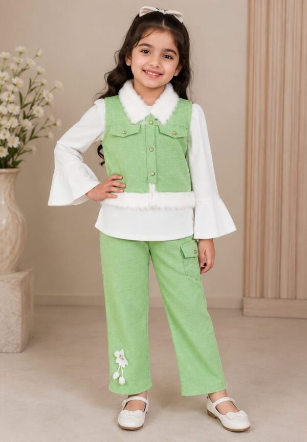 Girls Green 3-Piece Co-Ord Set with Faux Fur Jacket