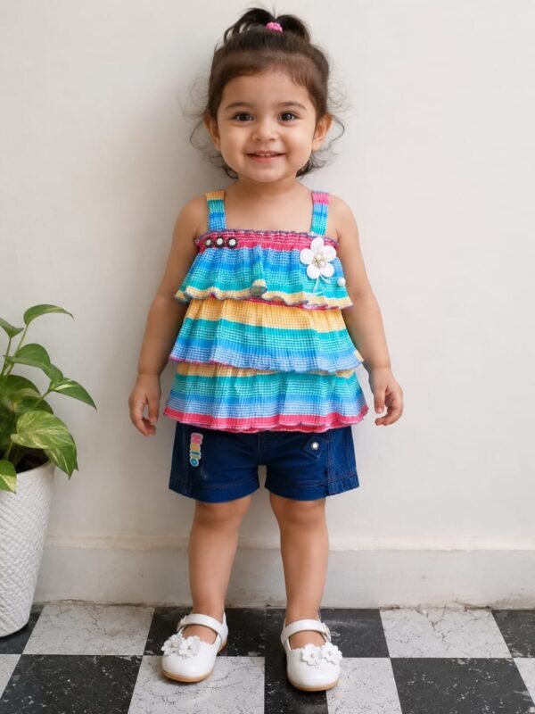 Rainbow Layered Girls Top with Denim Shorts Set