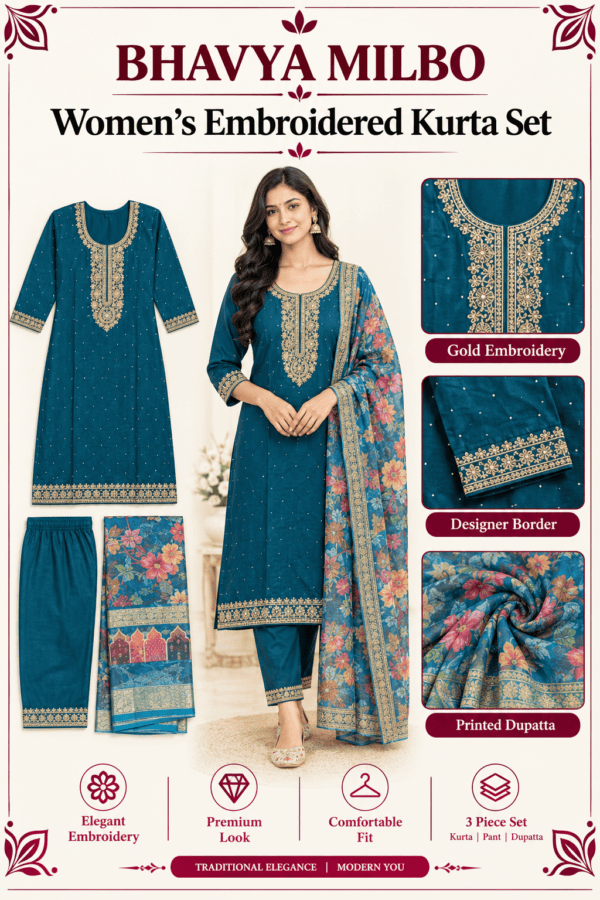 Embroidered Kurta Set with Matching Pant and Floral Dupatta XL